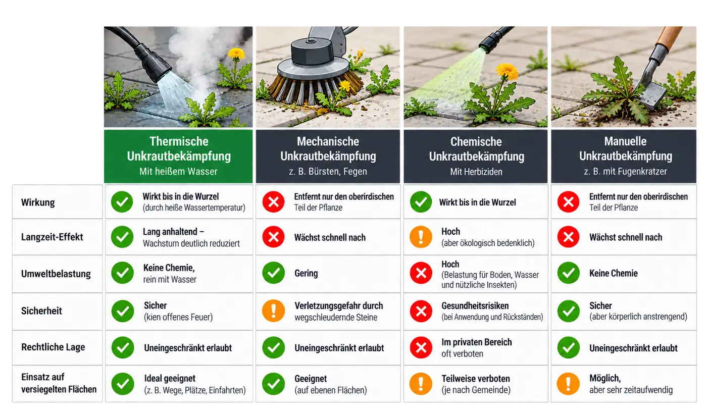 Vergleichstabelle: Thermische Unkrautbekämpfung mit heißem Wasser gegenüber mechanischer, chemischer und manueller Unkrautbekämpfung in Wirkung, Langzeit-Effekt, Umweltbelastung, Sicherheit, rechtlicher Lage und Einsatz auf versiegelten Flächen